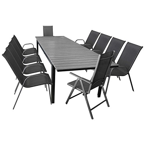 11tlg. Sitzgruppe ausziehbarer Aluminium Gartentisch mit Polywood Tischplatte 280/220x95cm + 8x Stapelstuhl + 2x Hochlehner Textilenbespannung Gartenmöbel Set Sitzgarnitur Gartengarnitur