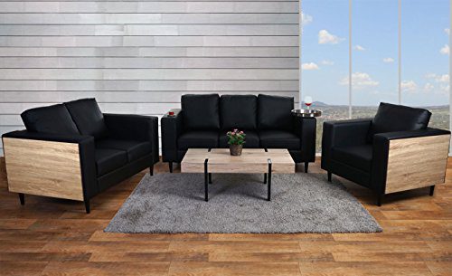 3-2-1 Sofagarnitur Nancy, Couch Loungesofa, Holz Eiche-Optik ~ Kunstleder, schwarz