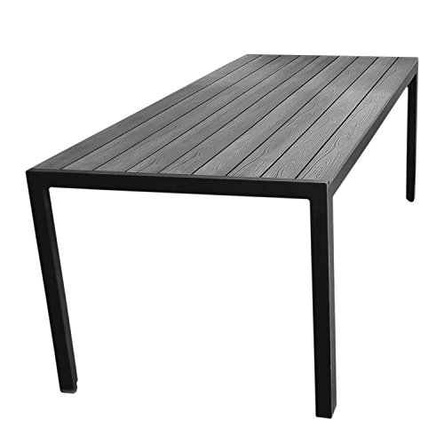 Aluminium Gartentisch mit robuster Polywood Tischplatte, Holzprägung - 205x90cm / Balkonmöbel Terrassenmöbel Gartenmöbel Terrassentisch - Schwarz / Grau