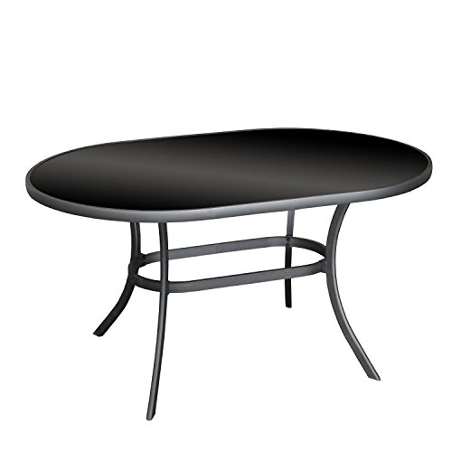 Aluminium Glastisch Gartentisch oval 140x90cm Balkontisch Terrassentisch mit schwarzer Tischglasplatte Anthrazit