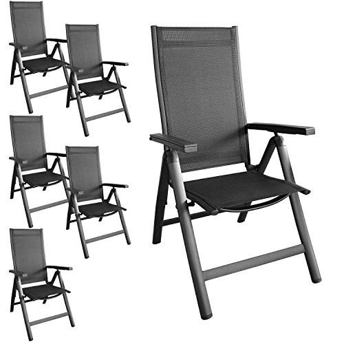 Aluminium Hochlehner Gartenstuhl 6-Positionen Polywood Armlehnen Positionsstuhl 4x4 Textilenbespannung Schwarz - 6 Stück