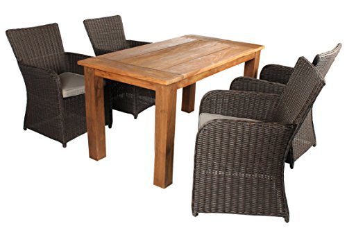 Ambientehome 5tlg. Set Sitzgruppe Strandtgut Deluxe Teak/Polyrattan Essgruppe Tisch 150 cm, Sessel Braun