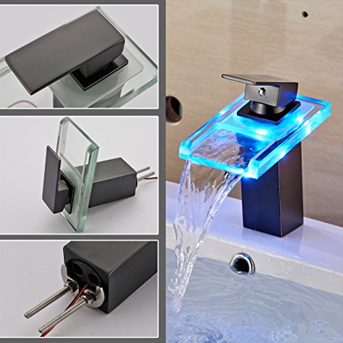 Auralum® Zeitgenössig Schwarz LED RGB Glas Mischbatterie Wasserhahn Armatur Wasserfall für Bad Badezimmer Spüle Waschtisch Waschtischarmatur Küchen