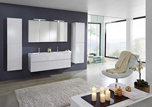 Bad11® - Badmöbelset PROMETHEUS Deluxe - 4 teilig hochglanz weiß mit Doppelwaschbecken und 2 x Spiegelschrank und 2 x Hochschrank Farbauswahl