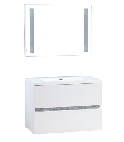 Badezimmer Möbel Set Bad Unterschrank Waschbecken Spiegel + Licht weiß hochglanz
