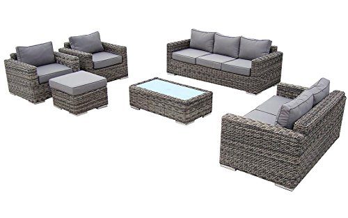 Baidani Gartenmöbel-Sets 10a00002 Designer Lounge-Garnitur Escape, 3-er-Sofa, 2-er-Sofa, 2 Sessel, Hocker mit Auflage, 1 Couch-Tisch mit Milchglasplatte, braun