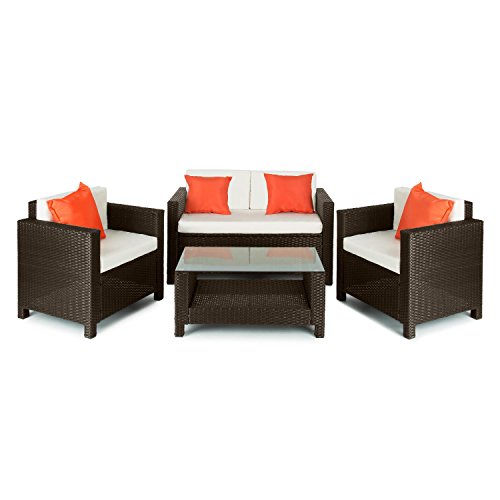 Blumfeldt Verona Lounge-Möbel Garten-Garnitur Gartenmöbel Set 4-teilige Sitzgruppe für 4 Personen (2x Sessel, 1x 2-Sitzer Couch, 1x Tisch, aus Poly-Rattan) braun beige orange