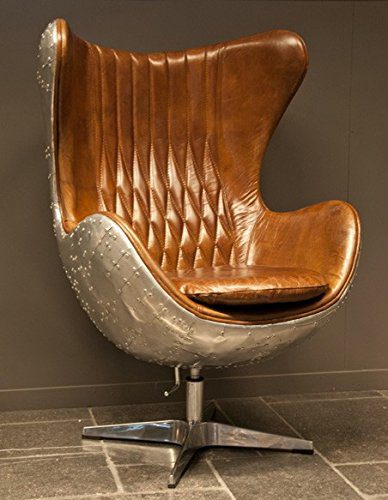 Casa Padrino Art Deco Egg Chair Drehstuhl Sessel Aluminium / Echt Leder Braun - Club Sessel - Lounge Sessel - Vintage Airplane Möbel