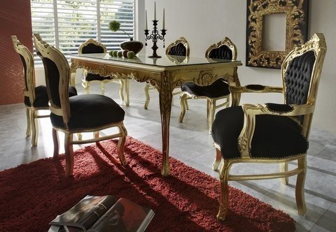 Casa Padrino Barock Esszimmer Set Schwarz/Gold - Esstisch + 6 Stühle - Möbel Antik Stil