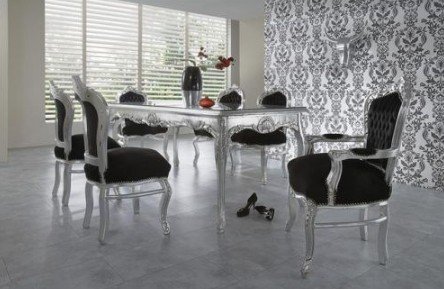 Casa Padrino Barock Esszimmer Set Schwarz/Silber/Silber - Esstisch + 6 Stühle