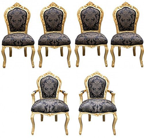 Casa Padrino Barock Esszimmer Set Stuhl Set Schwarz Muster / Gold - 4 Stühle ohne Armlehnen + 2 Stühle mit Armlehnen - Möbel Antik Stil