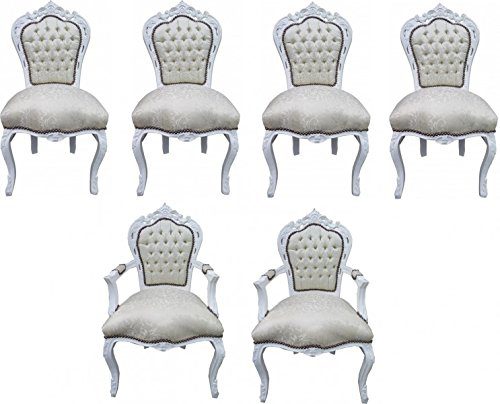 Casa Padrino Barock Esszimmer Set Stuhl Set Weiß Muster / Weiß - 4 Stühle ohne Armlehnen + 2 Stühle mit Armlehnen - Möbel Antik Stil