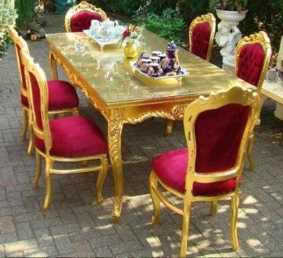 Casa Padrino Barock Esszimmerset Bordeaux/Gold - Esstisch + 6 Stühle