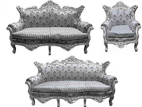 Casa Padrino Barock Wohnzimmer Set Grau Muster/Silber- 3er Sofa+2er Sofa + 1 Sessel