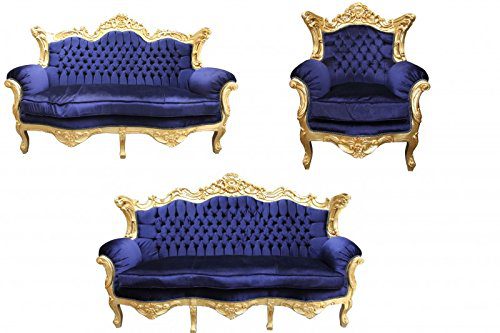 Casa Padrino Barock Wohnzimmer Set Royal Blau /Gold - 3er Sofa+2er Sofa + 1 Sessel