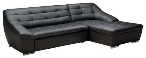 Cavadore Polsterecke Lucas/3 Bett-Longchair mit Bettkasten/212x81x126 cm/Leder Punch schwarz-Poroflex softy schwarz