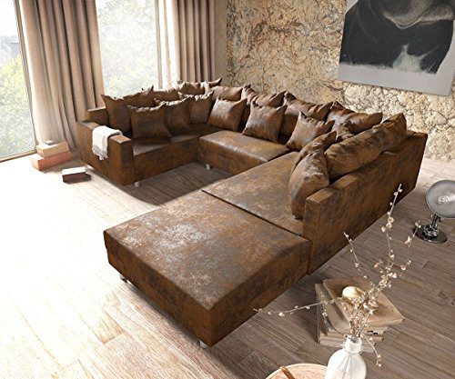 Couch Clovis Braun Antik-Optik mit Hocker und Armlehne Wohnlandschaft Modulsofa