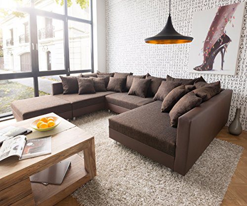 Couch Clovis Dunkelbraun Strukturstoff mit Hocker Wohnlandschaft