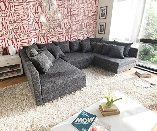 Couch Clovis Schwarz Strukturstoff mit Hocker Wohnlandschaft modular