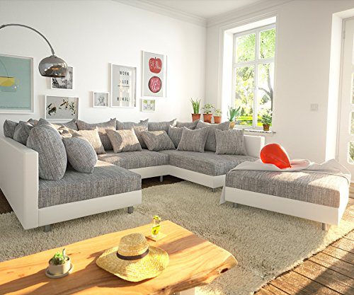 Couch Clovis Weiss Hellgrau mit Hocker Wohnlandschaft