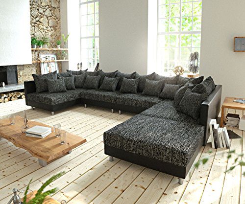 Couch Clovis XL Schwarz mit Hocker Wohnlandschaft Modulares Sofa