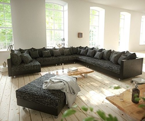 Couch Clovis XXL Schwarz mit Hocker Ottomane Rechts Wohnlandschaft Modulares Sofa