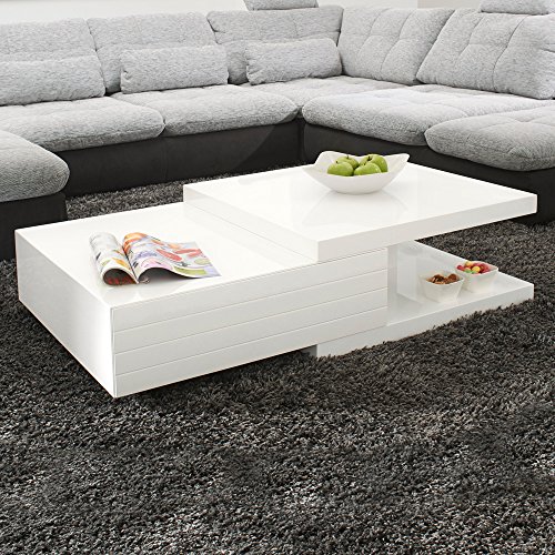 Couchtisch CLARA 120x70 Hochglanz Lack Tisch Weiss Loungetisch mit zwei Schubkasten Beistelltisch