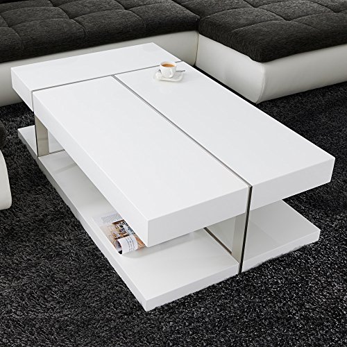 Couchtisch Udine 120x70 Aluminium gebürstet Hochglanz Lack Tisch Beistelltisch Weiß Loungetisch