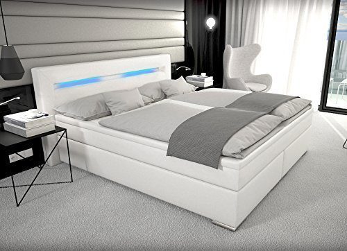 Designer Boxspring Bett mit LED Beleuchtung 180x200 cm Farbe weiss mit Matratze Leder Bett Polsterbett Lederbett modern Boxspringbett günstig (180x200 cm mit 7 cm Gelschaum Topper)