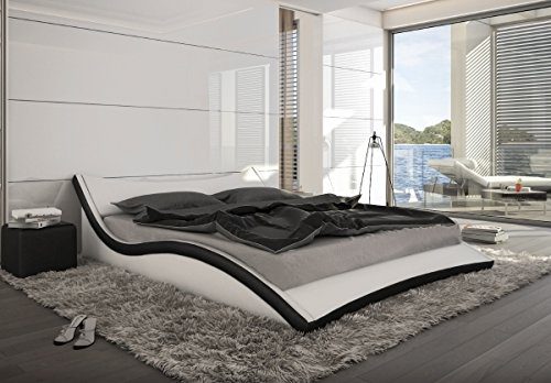 Designer Leder Bett Polsterbett geschwungenes Lederbett weiss oder schwarz wellenförmig modern gewelltes Bett günstig (180x200 cm)