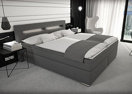 Designer Stoff Boxspring Bett mit LED Beleuchtung 180x200 cm Farbe grau mit Matratze Stoffbett Polsterbett mit Stoffbezug modern Boxspringbett günstig (180x200 cm mit 7 cm Gelschaum Topper)