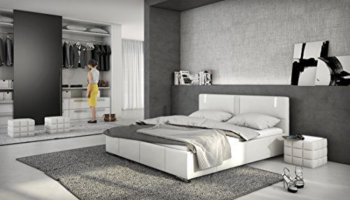 Designerbett LED Bett Polsterbett Doppelbett Kunstlederbett 140 x 200 cm Weiß modernes Design