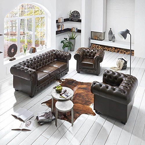 Echt Leder Chesterfield Garnitur Set 3 1 1 Sofa antik braun Sessel und 3-Sitzer Couch