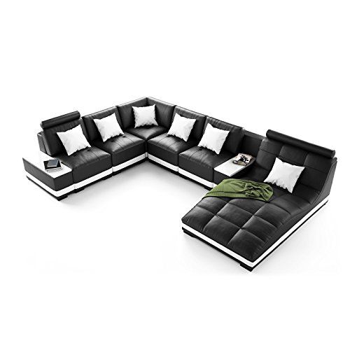 Echt Leder Sofa U-Form Wohnlandschaft Milano schwarz weiß mit Premium Kunstleder (Spiegelverkehrt)