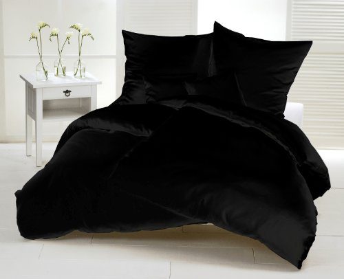 Genieße den Schlaf 4260216519581 Bettwäsche Set, 200 x 220 cm, 3-teilig, Mako Satin aus 100% Baumwolle, schwarz