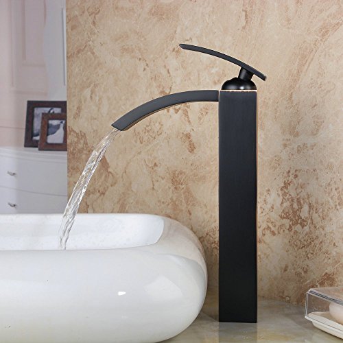 Hiendure®Schwarz Einhebel- Mischbatterie Wasserhahn Armatur Waschtischarmatur Wasserfall Einhandmischer für Bad Waschbecken (hoch)