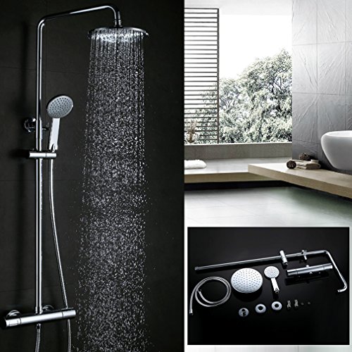 Kinse® 8 Zoll Zeitgenössisch Überkopfbrause (20 x 20 cm) Duschkopf Duschsystem Regendusche Shower Dusche Set mit Brausethermostat inkl. Handbrause und Regenbrause