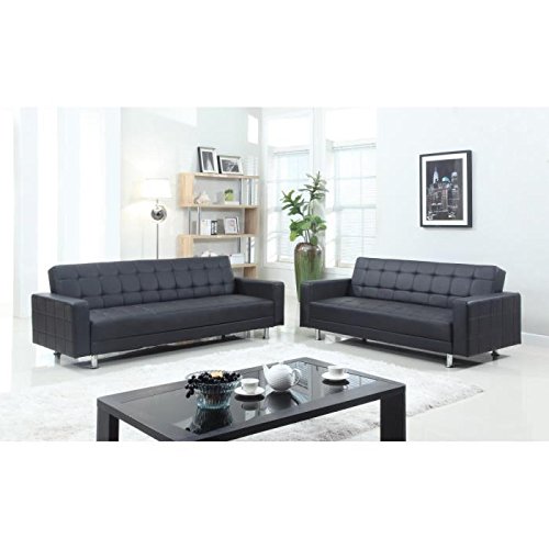 Luxury umklappbares Sofa-Set 2 + 3 Sitzer– 180 x 84 x 81 cm + 220 x 190 x 81 cm – Kunstleder und PVC – Schwarz