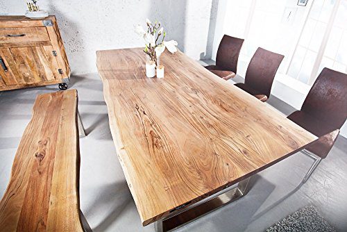 Massiver Baumstamm Tisch MAMMUT 200cm Akazie Massivholz Industrial Look Kufengestell Esstisch mit 3,5 cm dicker Tischplatte