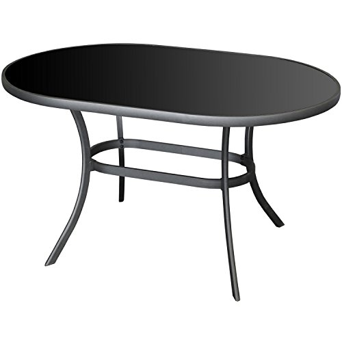 Moderner Alu Gartentisch 140x90cm Glastisch mit schwarzer Tischglasplatte oval Terrassentisch Balkontisch