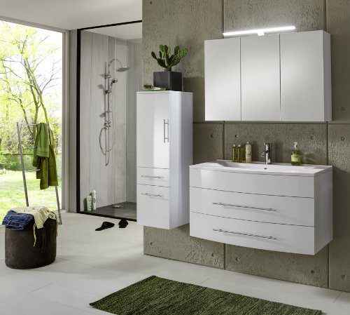 SAM® Design Badmöbel Set Basel 3 tlg. in hochglanz weiß, 100 cm, exklusives Designer Badezimmer, bestehend aus 1 Waschplatz, 1 großer Hochschrank und 1 Spiegelschrank