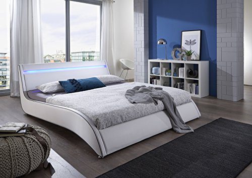SAM® Design Polsterbett Bett Surf LED in weiß 160 x 200 cm geschwungene Seitenlinie, LED-Leiste mit Farbwechsel, Chromfüße, als Wasserbett geeignet, modernes Design