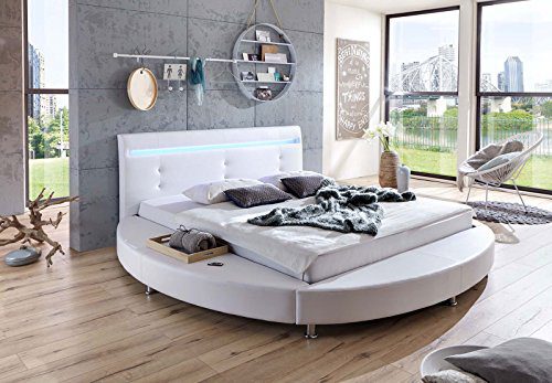 SAM® Design Rundbett Bebop 180 x 200 cm Bett in weiß mit intergrierter Beleuchtung LED Kopfteil abgesteppt mit Chromfüßen auch als Wasserbett verwendbar