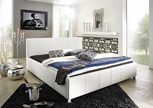 SAM® Polsterbett Bett Kira in weiß 200 x 200 cm Kopfteil im abgesteppten modernen Design Farbton weiß chromfarbene Füße Wasserbett geeignet schlichtes Designerbett