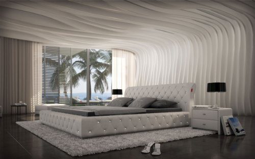 SAM® Polsterbett Fellini in weiß mit weißen Steinen 180 x 200 cm modernes abgestepptes Design komplett mit Ziersteinen teilzerlegt Auslieferung durch Spedition