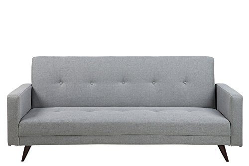 Schlafsofa in grauem Webstoff, Knopfsteppung in Sitz und Rücken, Echtholzbeine dunkelbraun, Maße: B/H/T ca. 217/92/89 cm