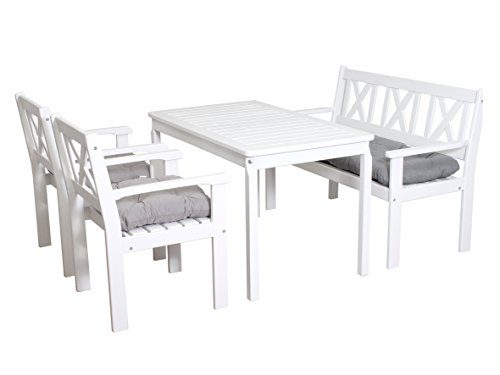 Trendy-Home24 7-teilige Essgruppe Set weiß Sitzgruppe mit 2-Sitzer Bank und Sessel Tisch 120 x 70 cm Holz inkl. Sitzkissen Shabby chic