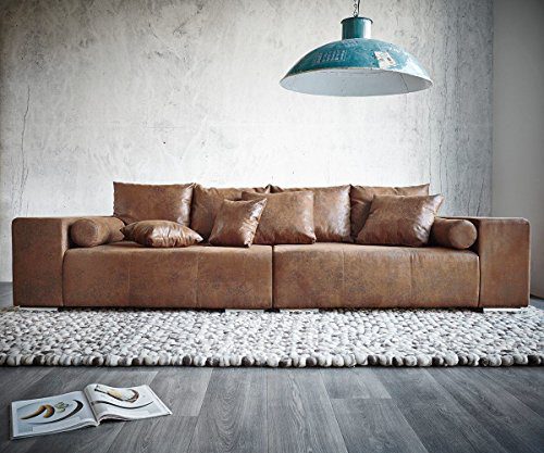 XXL-Couch Marbeya Braun 280x115 cm Antik Optik Hocker und Kissen