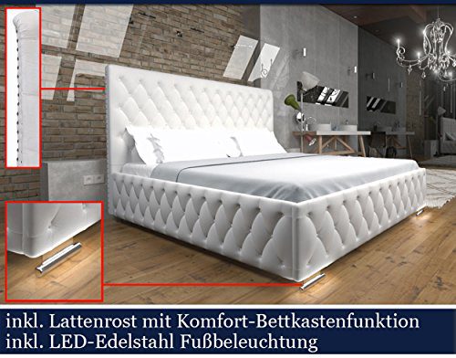 XXXL Polsterbett Designer Polster Bett mit Lattenrost & Bettkasten mit Komfortöffnung LED Weiss Chesterfield (Weiss Ivory Samtstoff, 200x200)
