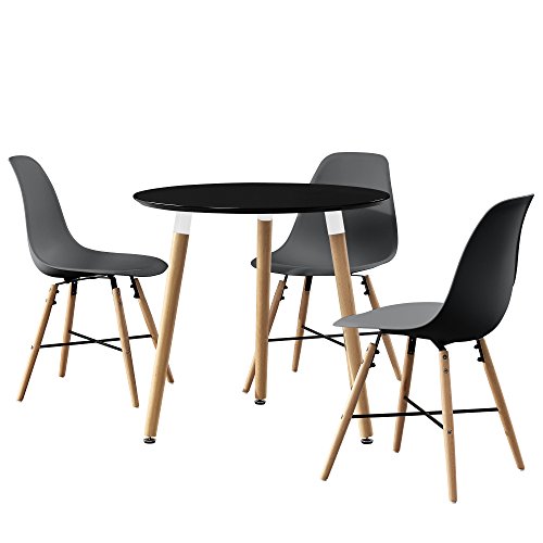 [en.casa] Esstisch rund schwarz [Ø80cm] mit 3 Stühlen grau Esszimmer Essgruppe Küche